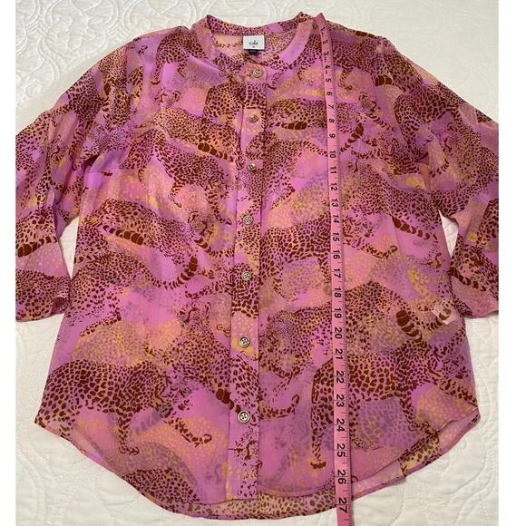 Cabi #5711 Minx Leopard Button-Down Blouse Flutter / Bell Sleeve Sheer Pink Sz M - Picture 9 of 9